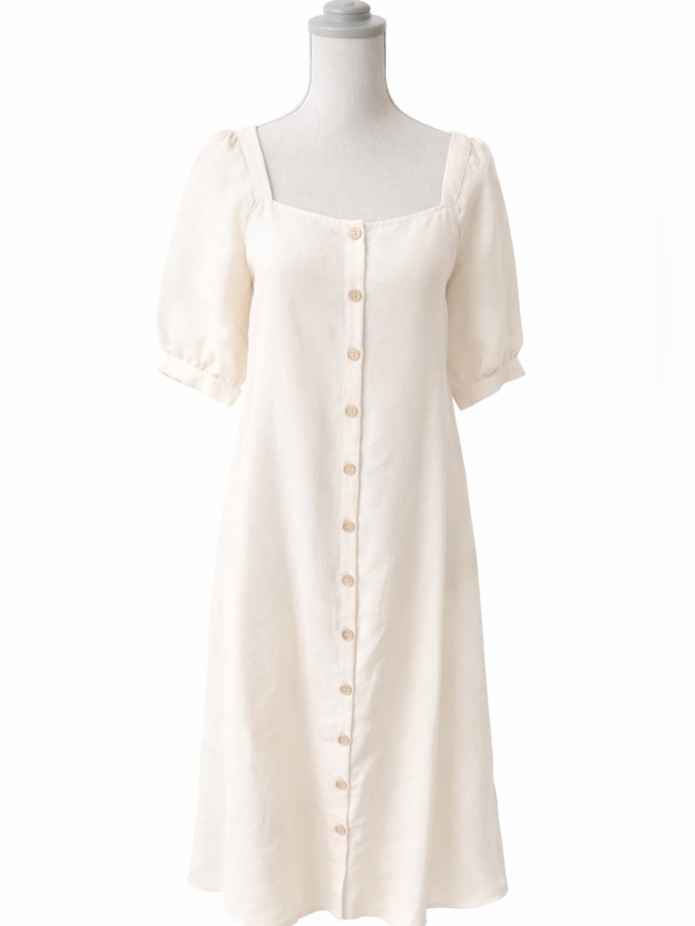 MNG Suit Off White Linen Look Midi Dress Puff Sleeve Button Front Cottagecore